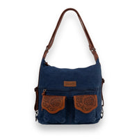 Wrangler Floral Tooled Denim Hobo/Crossbody Backpack (Convertible ) Navy