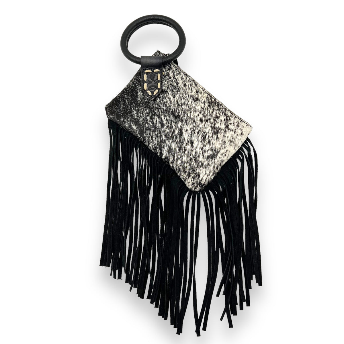 Trinity Ranch Genuine Hair-On Cowhide Ring Handle Wristlet Clutch Bag - Black