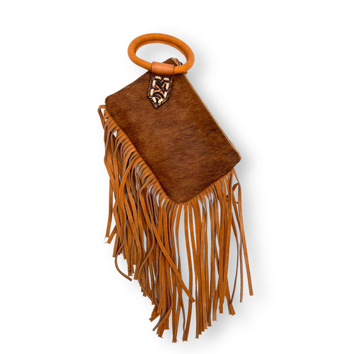 Trinity Ranch Genuine Hair-On Cowhide Ring Handle Wristlet Clutch Bag - Tan