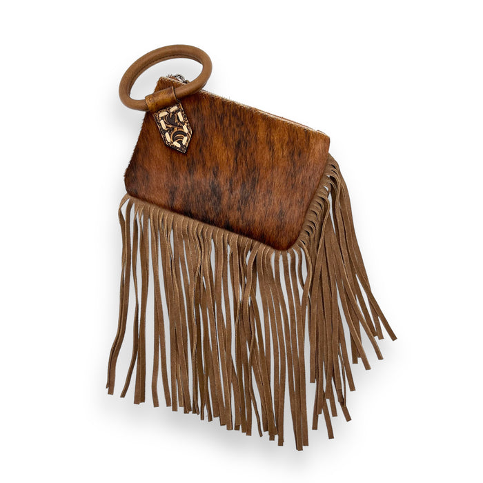 Trinity Ranch Genuine Hair-On Cowhide Ring Handle Wristlet Clutch Bag - Brown
