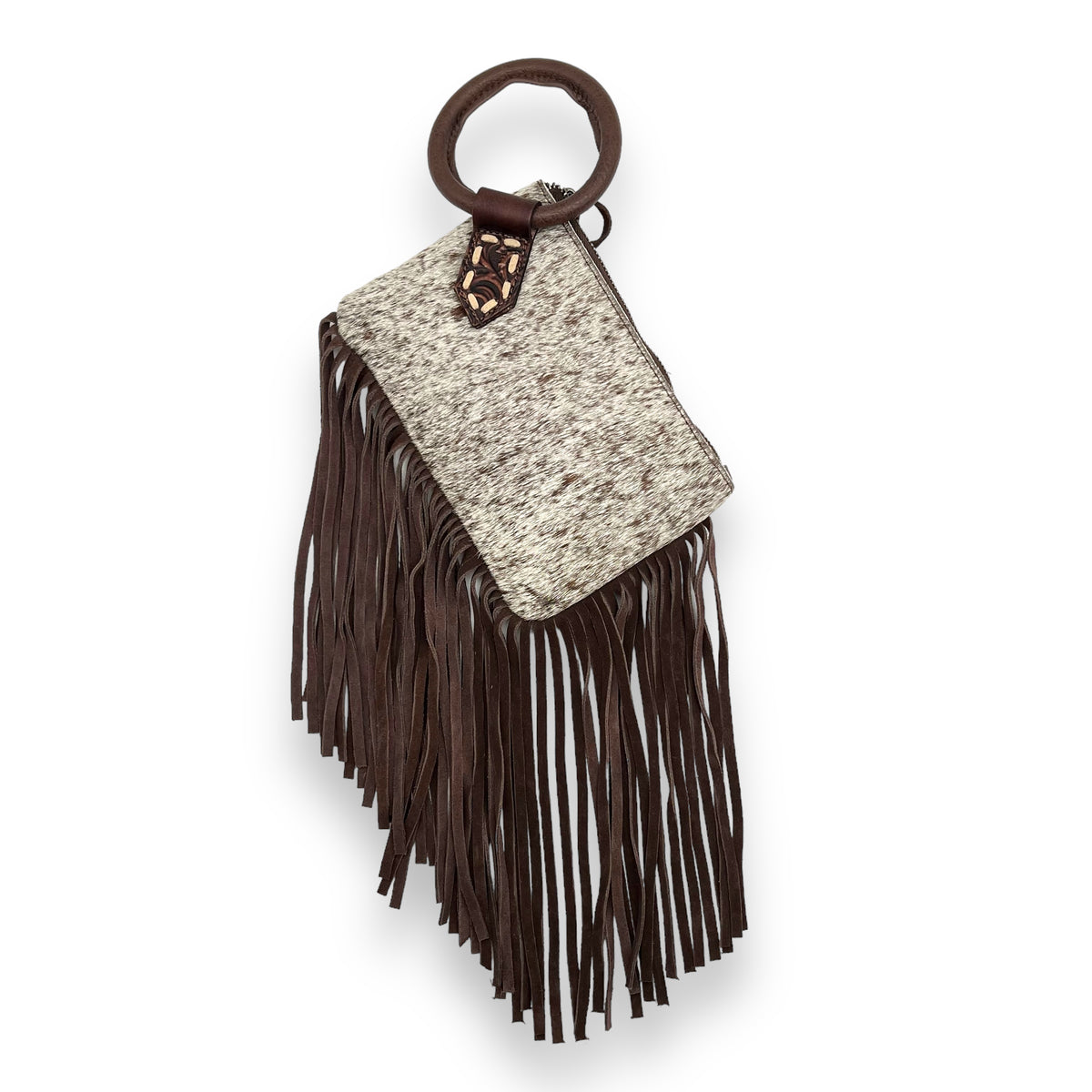 Trinity Ranch Genuine Hair-On Cowhide Ring Handle Wristlet Clutch Bag - Dark Brown