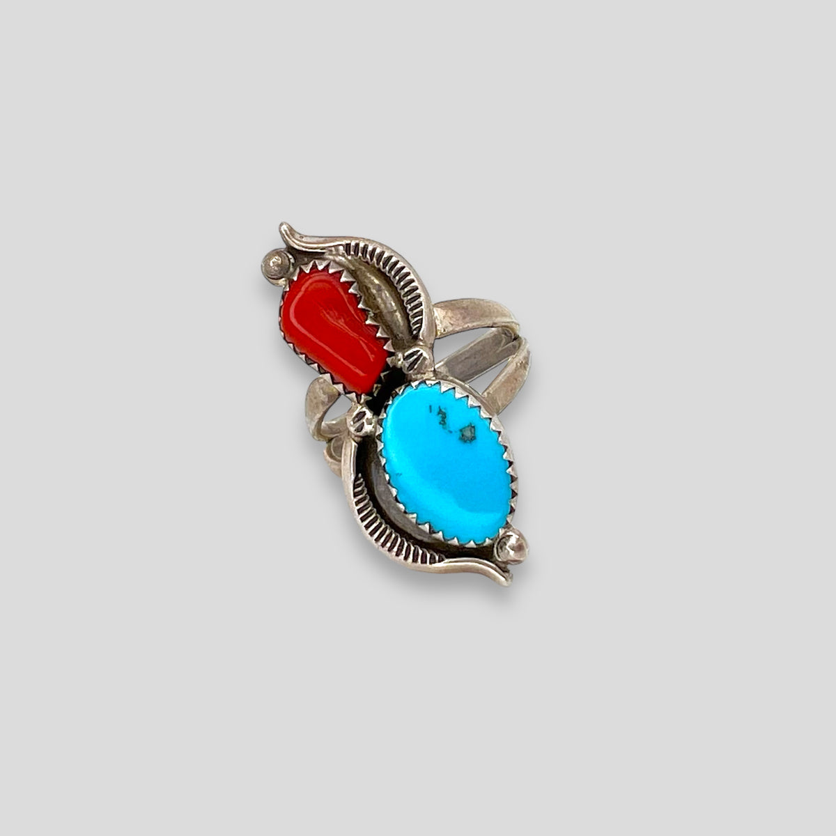 Vintage Turquoise and Red Coral Sterling Silver Ring- Size 8