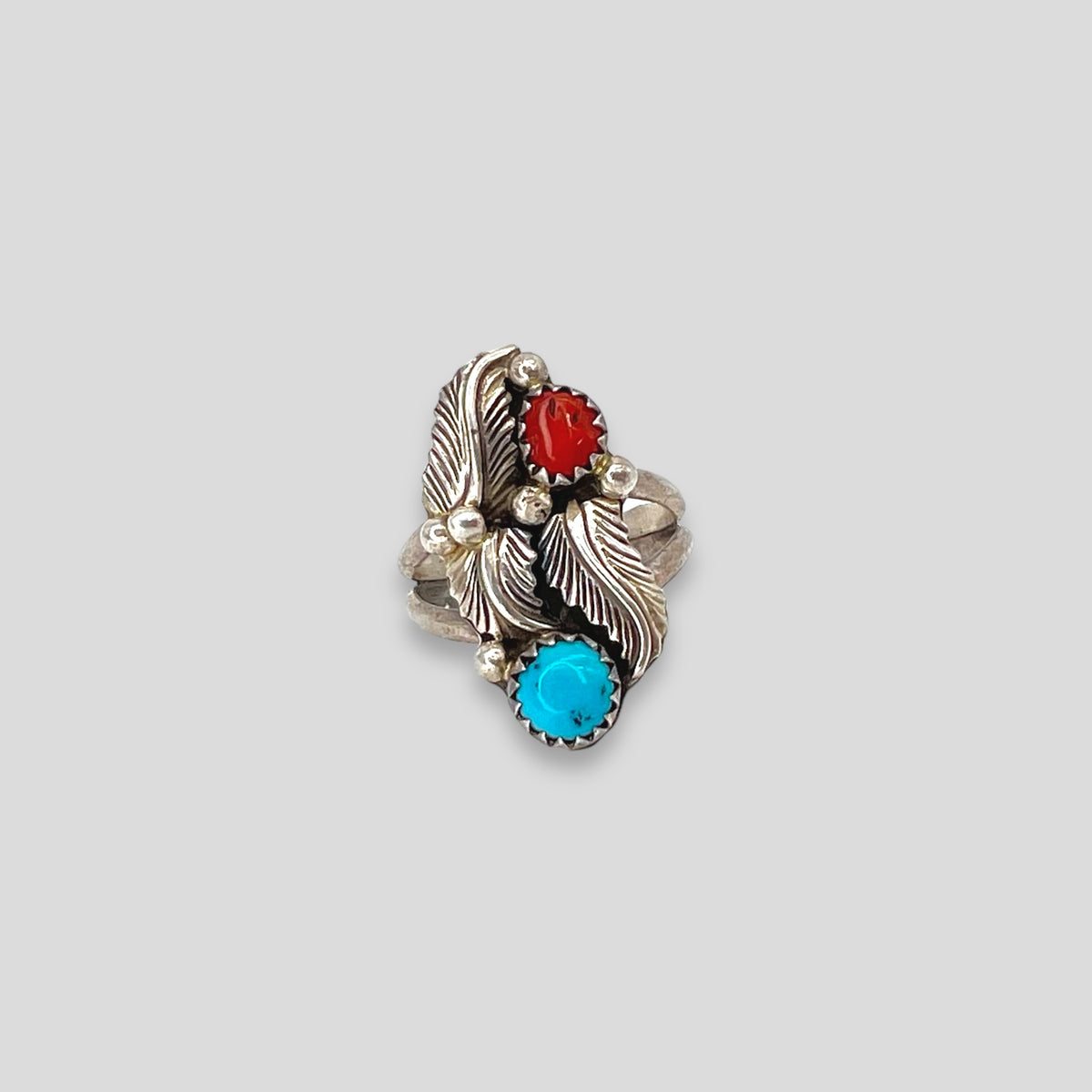 Vintage Turquoise and Red Coral Sterling Silver Ring- Size 6