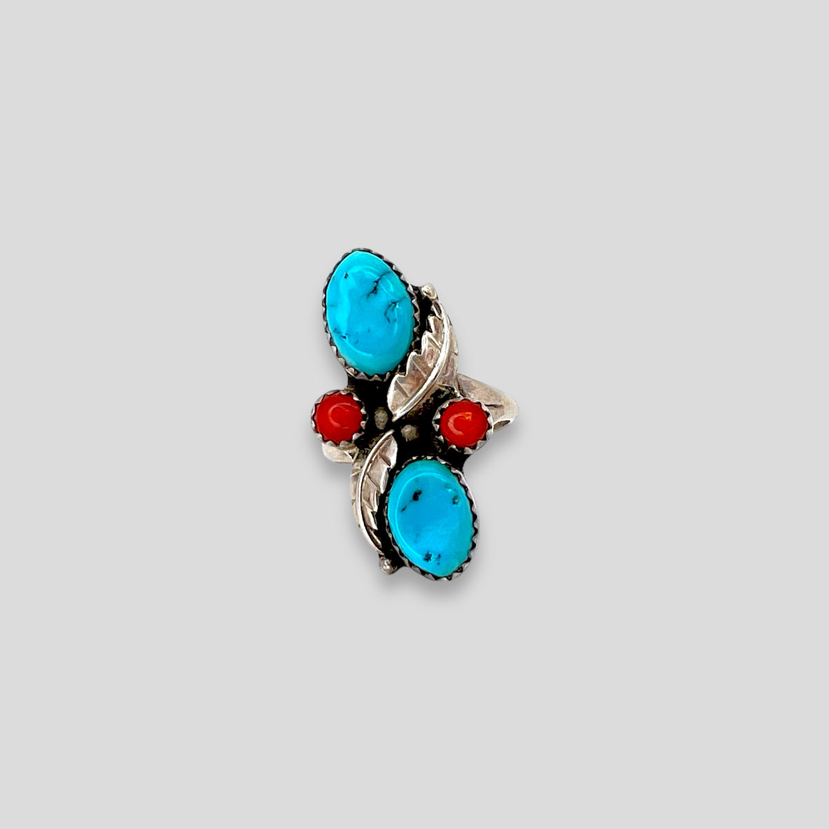 Vintage Turquoise and Red Coral Sterling Silver Ring- Size 7