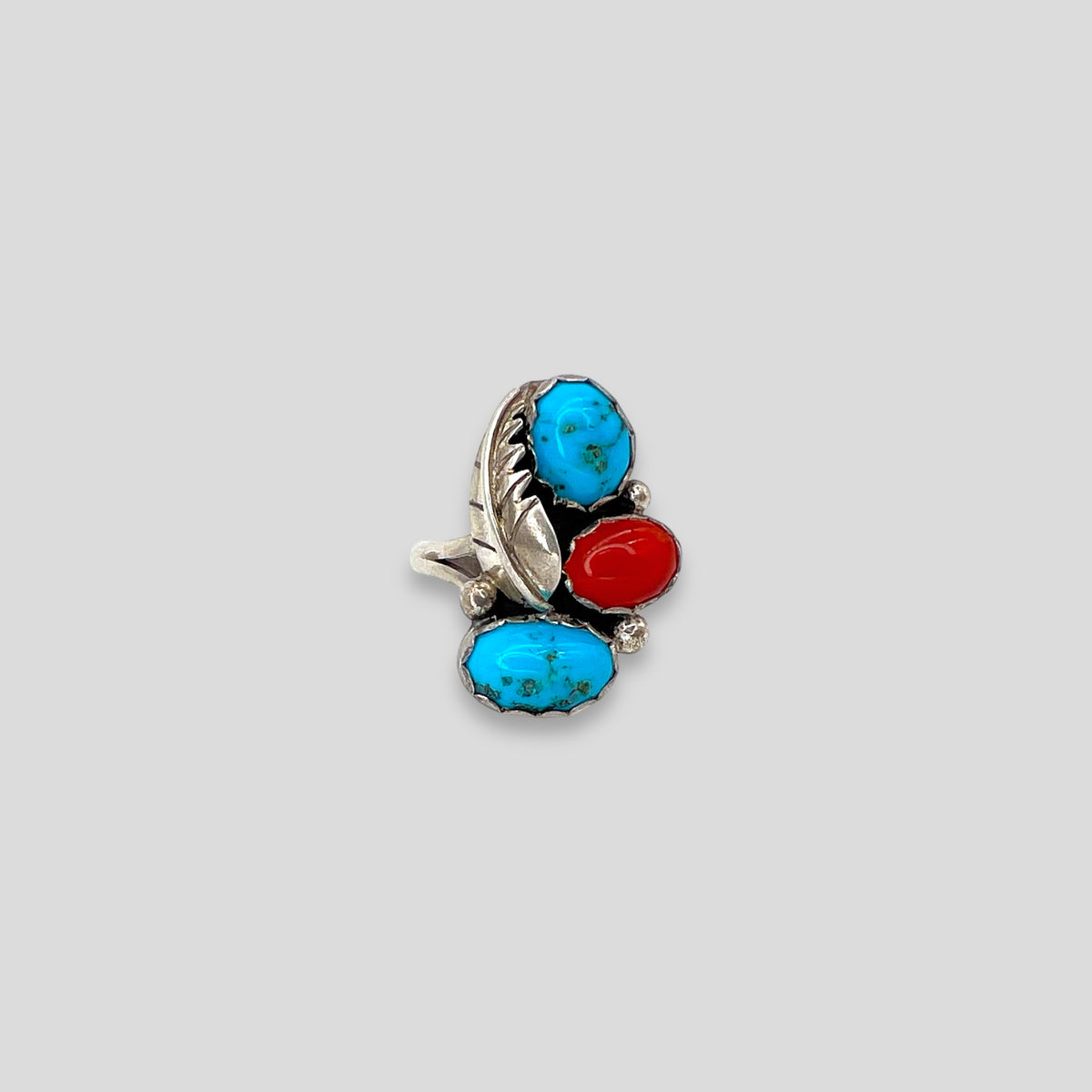 Vintage Turquoise and Red Coral Sterling Silver Ring