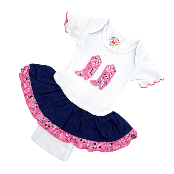 A pink and white baby bandana outfit with character patterns on the bandana and matching shoes, presented on a white background.