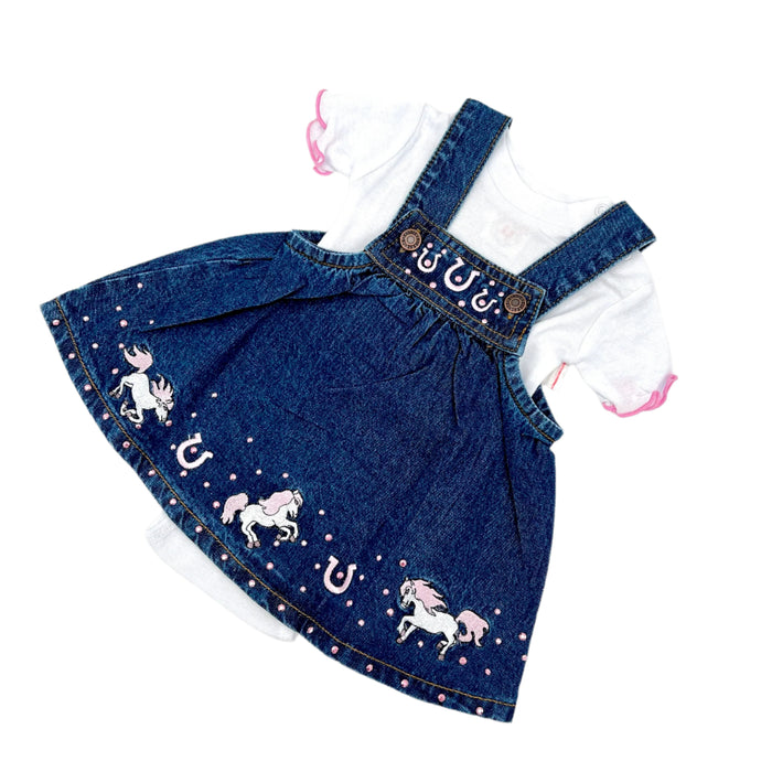A pink denim baby overall outfit with a white bandana featuring cartoon horses and unicorns, designed for infants.