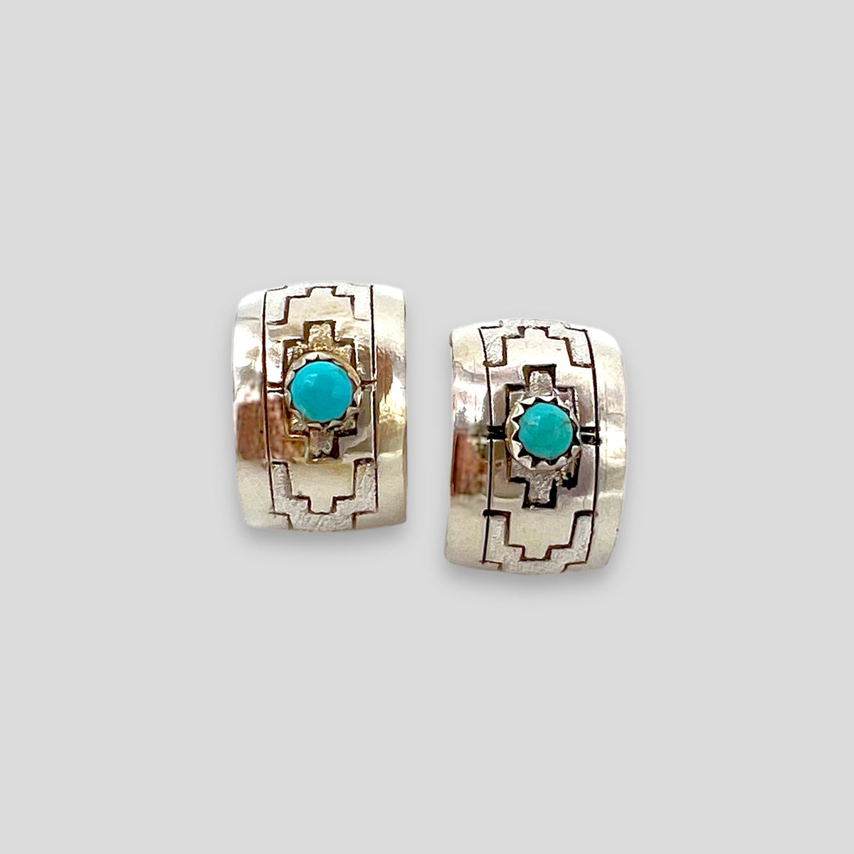 Large Aztec Pattern Turquoise Huggie Earrings