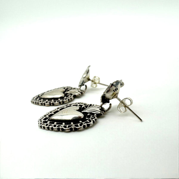 Sterling Silver Heart with Flower Post Earrings