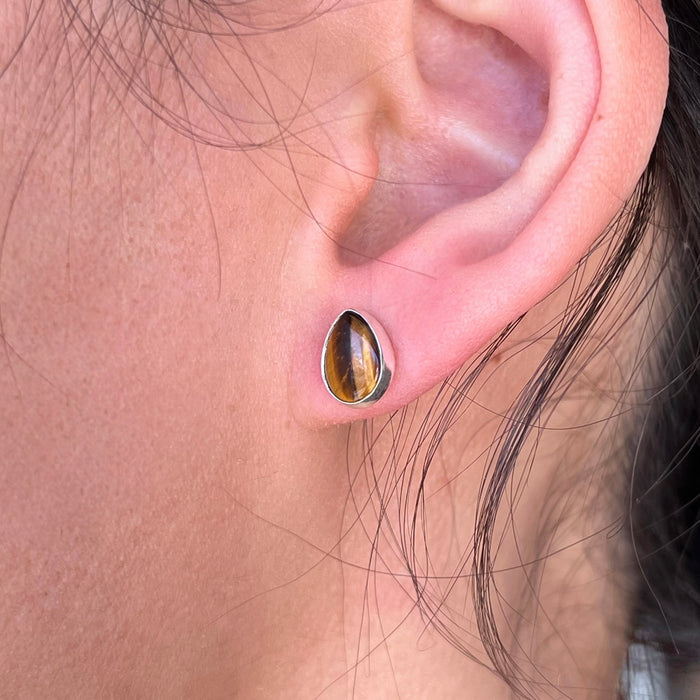 Tigers Eye Tear Drop Sterling Silver Studs