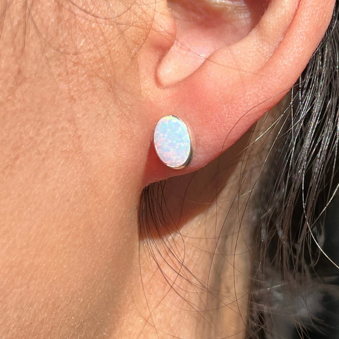 White Opal Oval Sterling Silver Stud Earrings