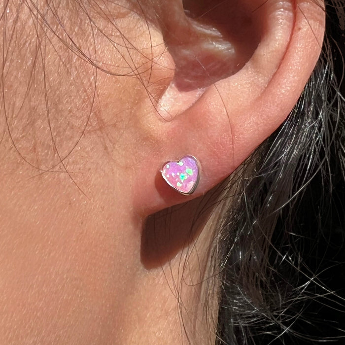 Pink Opal Heart Sterling Silver Stud Earrings