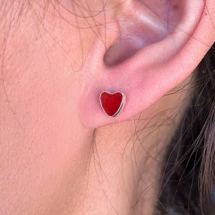 Red Coral Heart Sterling Silver Stud Earrings