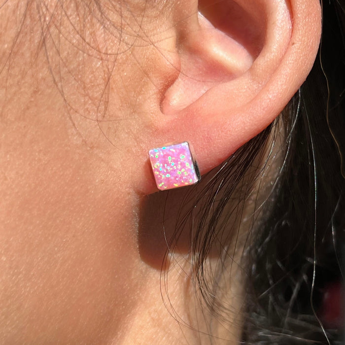Pink Opal Square Sterling Silver Stud Earrings