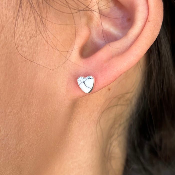 White Buffalo Turquoise Heart Sterling Silver Stud Earrings