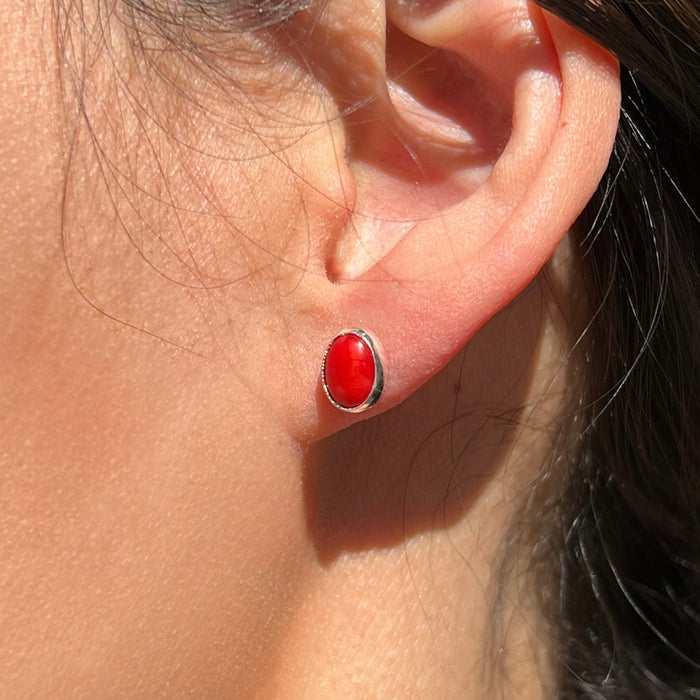 Red Coral Oval Sterling Silver Stud Earrings