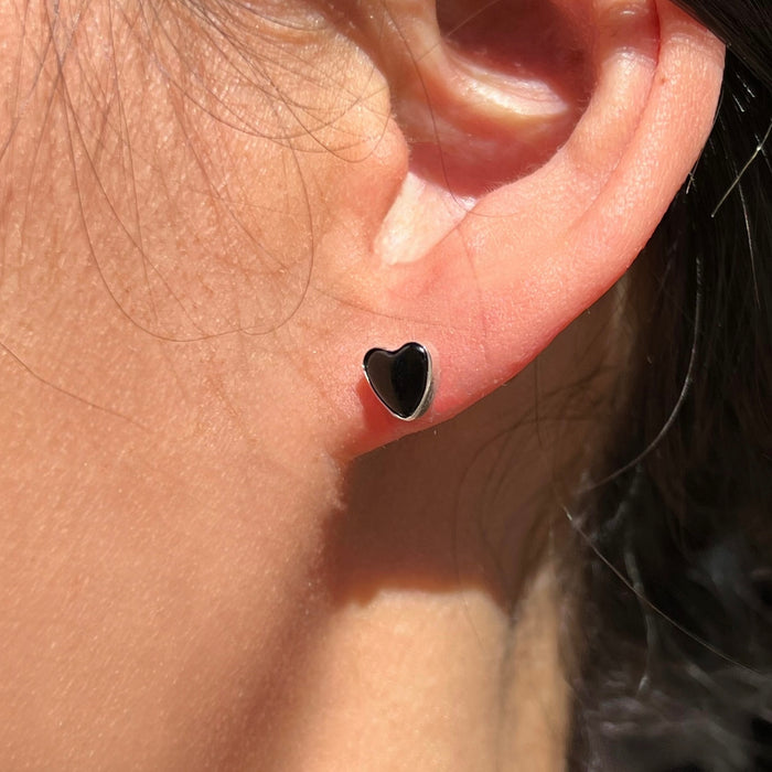 Black Onyx Heart Sterling Silver Stud Earrings