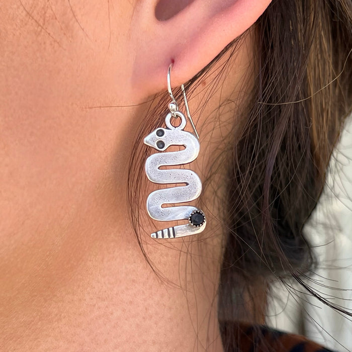 Snake with Onyx Sterling Silver Earrings