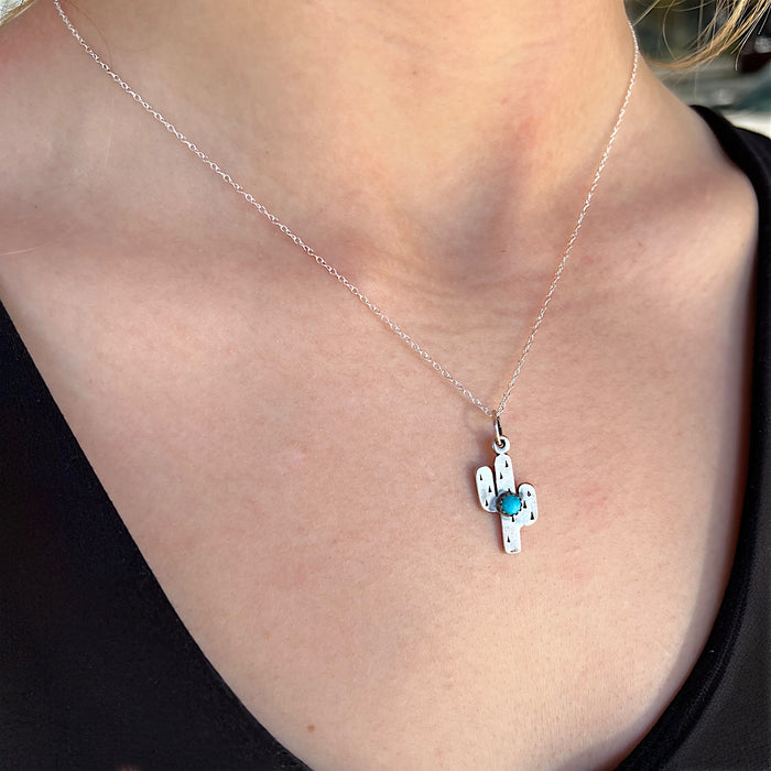 Small Turquoise and Sterling Silver Thick Saguaro Pendant Necklace
