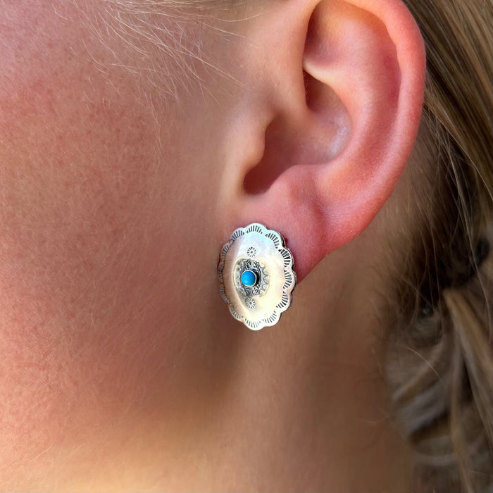 Turquoise and Sterling Silver Oval Concho Post Earrings