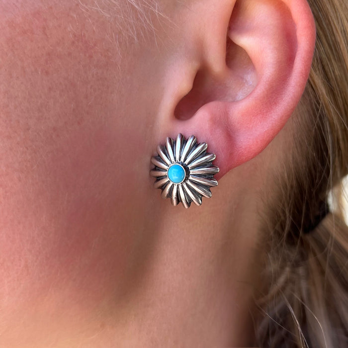Turquoise and Sterling Silver 16 Petal Post Earrings
