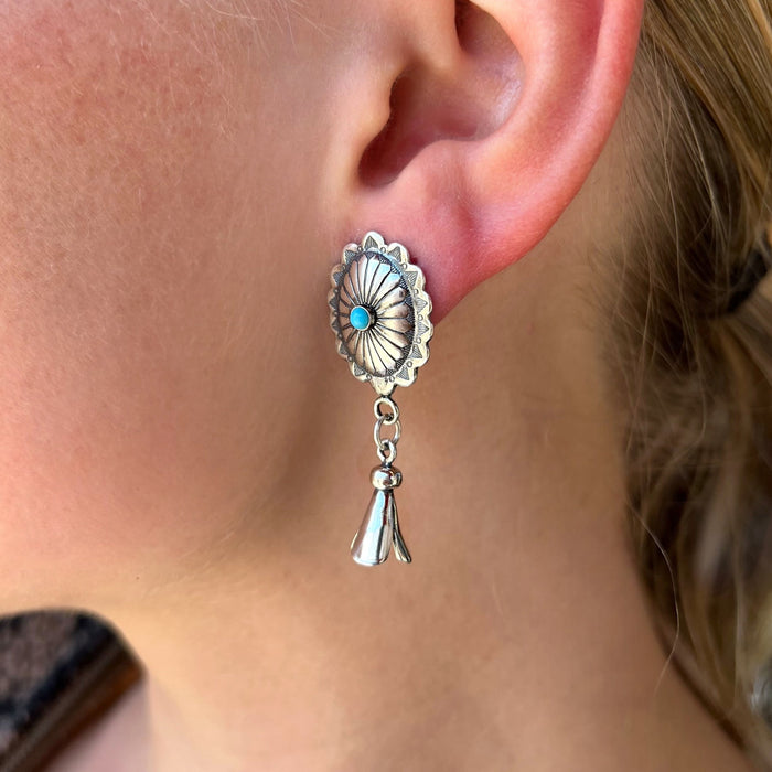 Sterling Silver and Turquoise Concho With Squash Blossom Earrings