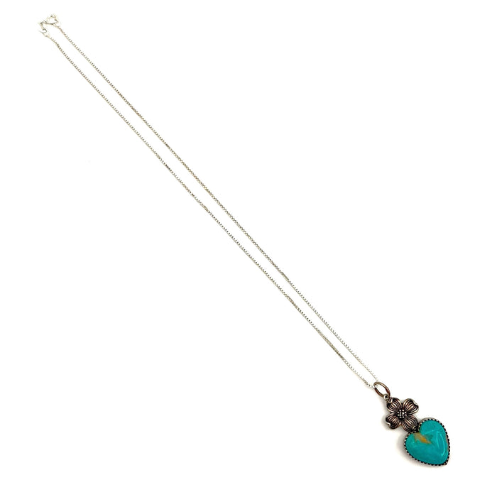 Turquoise and Sterling Silver Heart and Flower Pendant Necklace