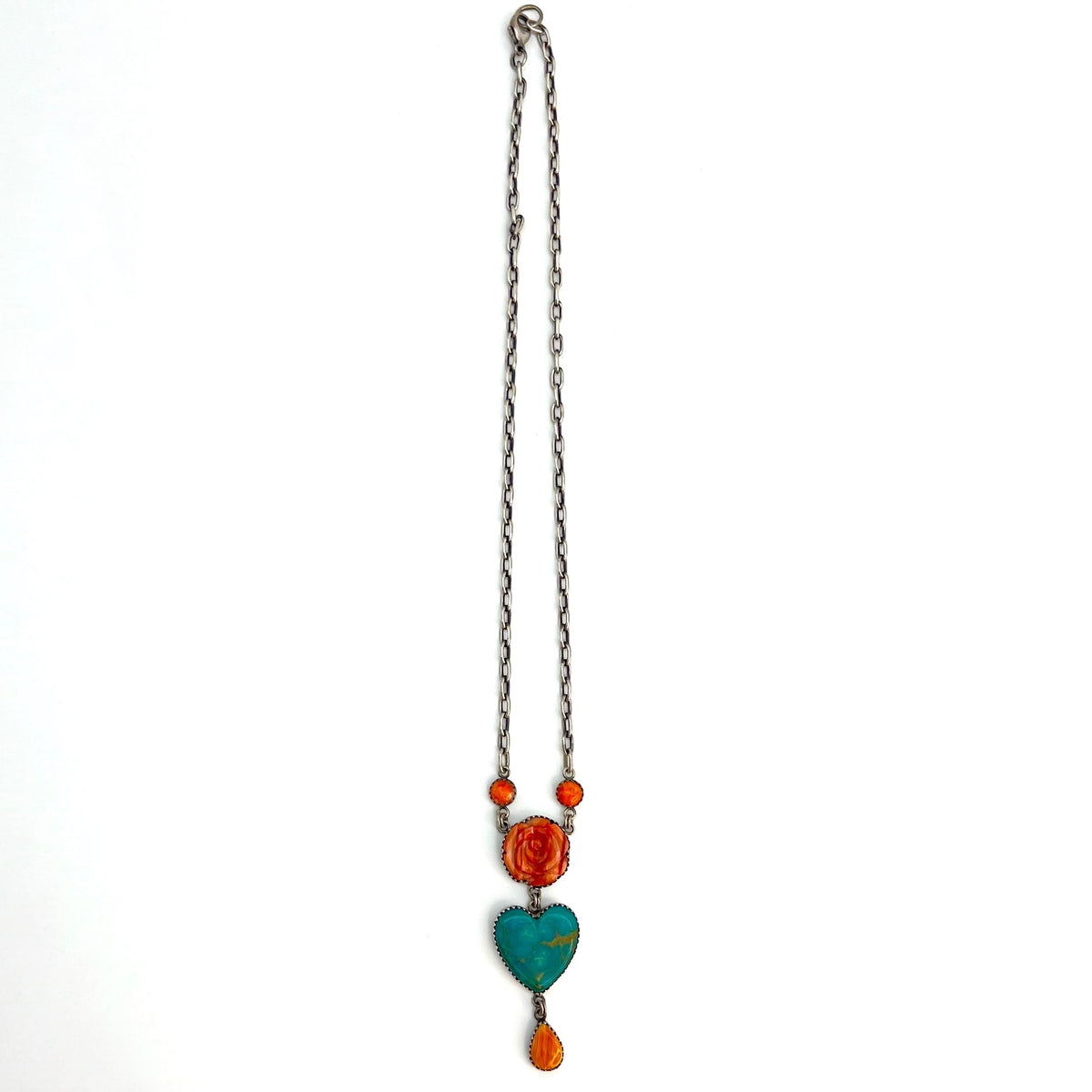 Red Coral and Turquoise- Rose and Heart Necklace