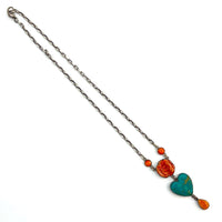 Red Coral and Turquoise- Rose and Heart Necklace