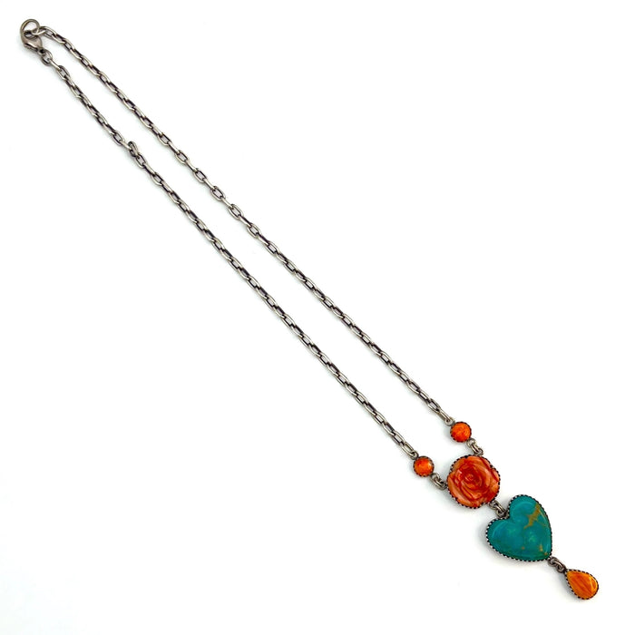 Red Coral and Turquoise- Rose and Heart Necklace