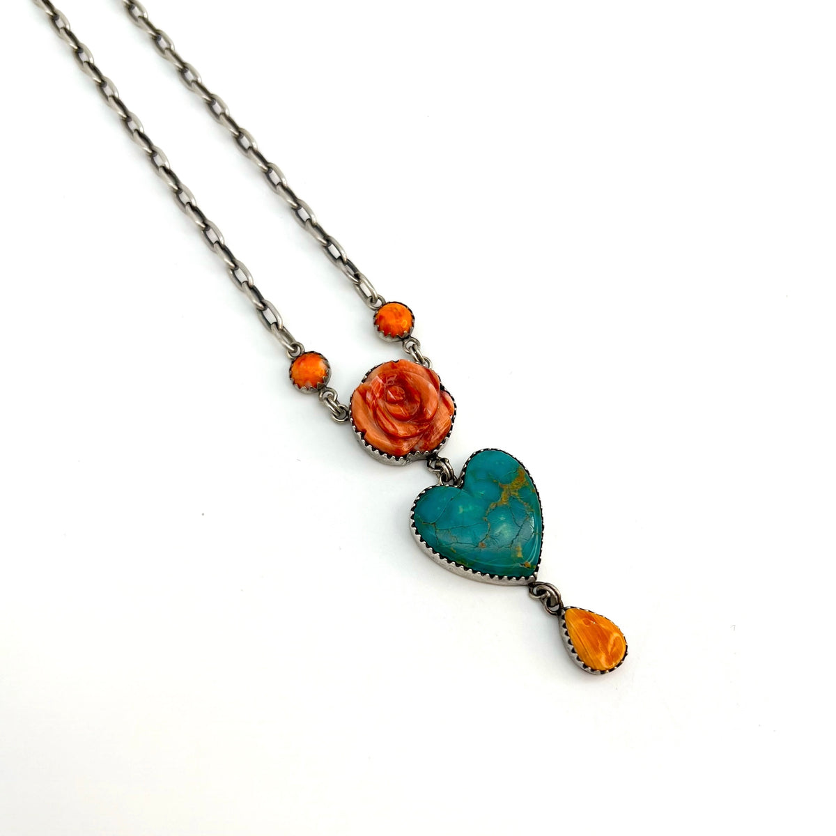 Red Coral and Turquoise- Rose and Heart Necklace