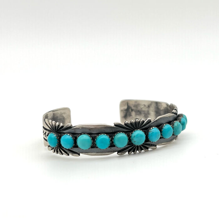 P Yazzie Navajo Made 11 Turquoise Stones Stertling Silver Cuff Bracelet