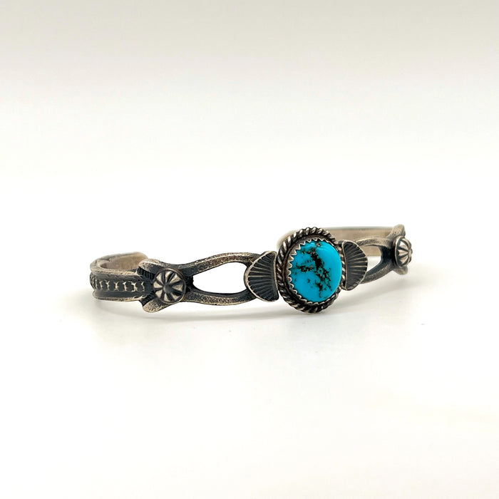 Native Made Turquoise and Sterling Silver Shell Detail Cuff Bracelet
