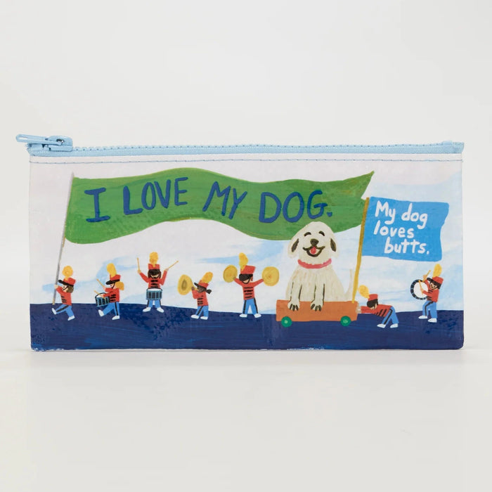 Pouch with 'I Love My Dog' text and cartoon characters on a white sky background with navy ground