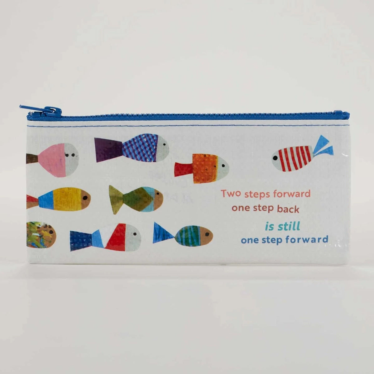 Pouch with colorful fish illustrations and a motivational quote on a white background