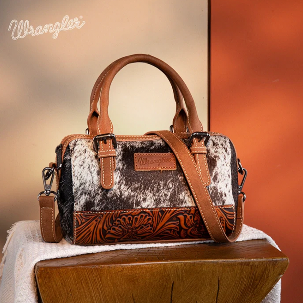 Wrangler Genuine Hair-On Cowhide Barrel Bag - Brown