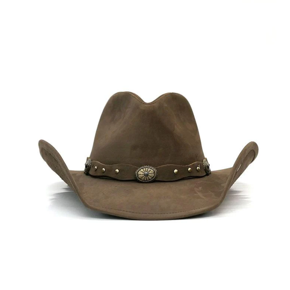 Brown cowboy hat with a decorative band on a white background
