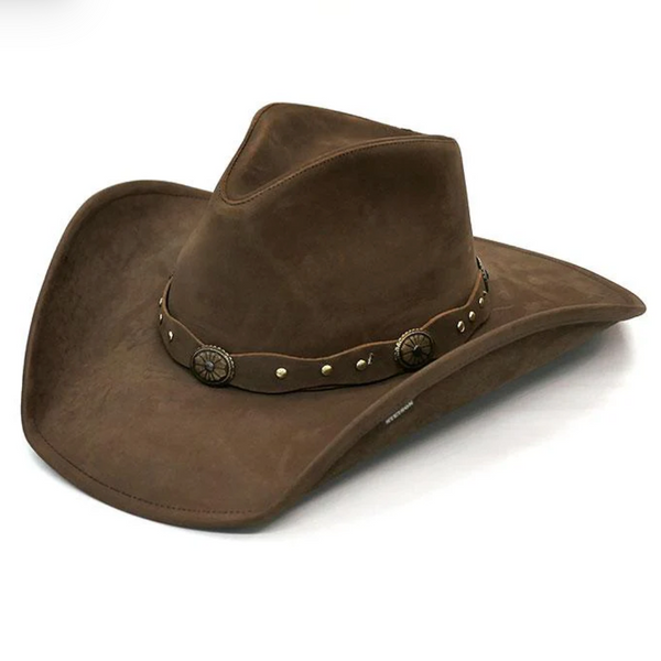 Brown cowboy hat with decorative band on a white background