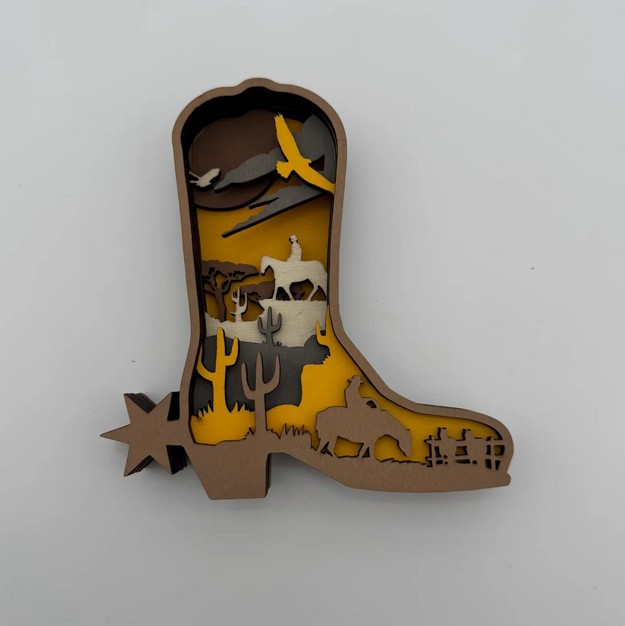 Small Yellow Cowboy Boot Layered Wood Art