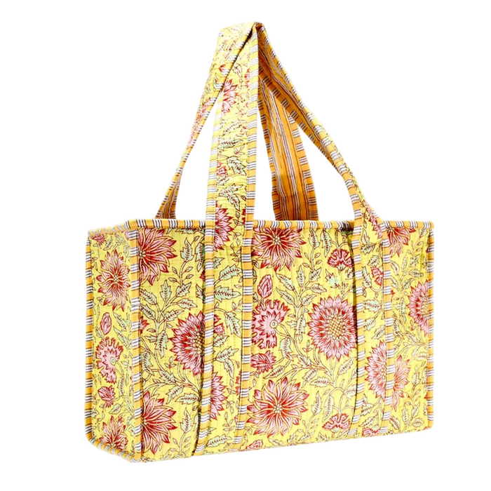 Yellow Cotton Floral Block Print Tote