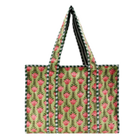 Green and Pink Cotton Floral Block Print Tote