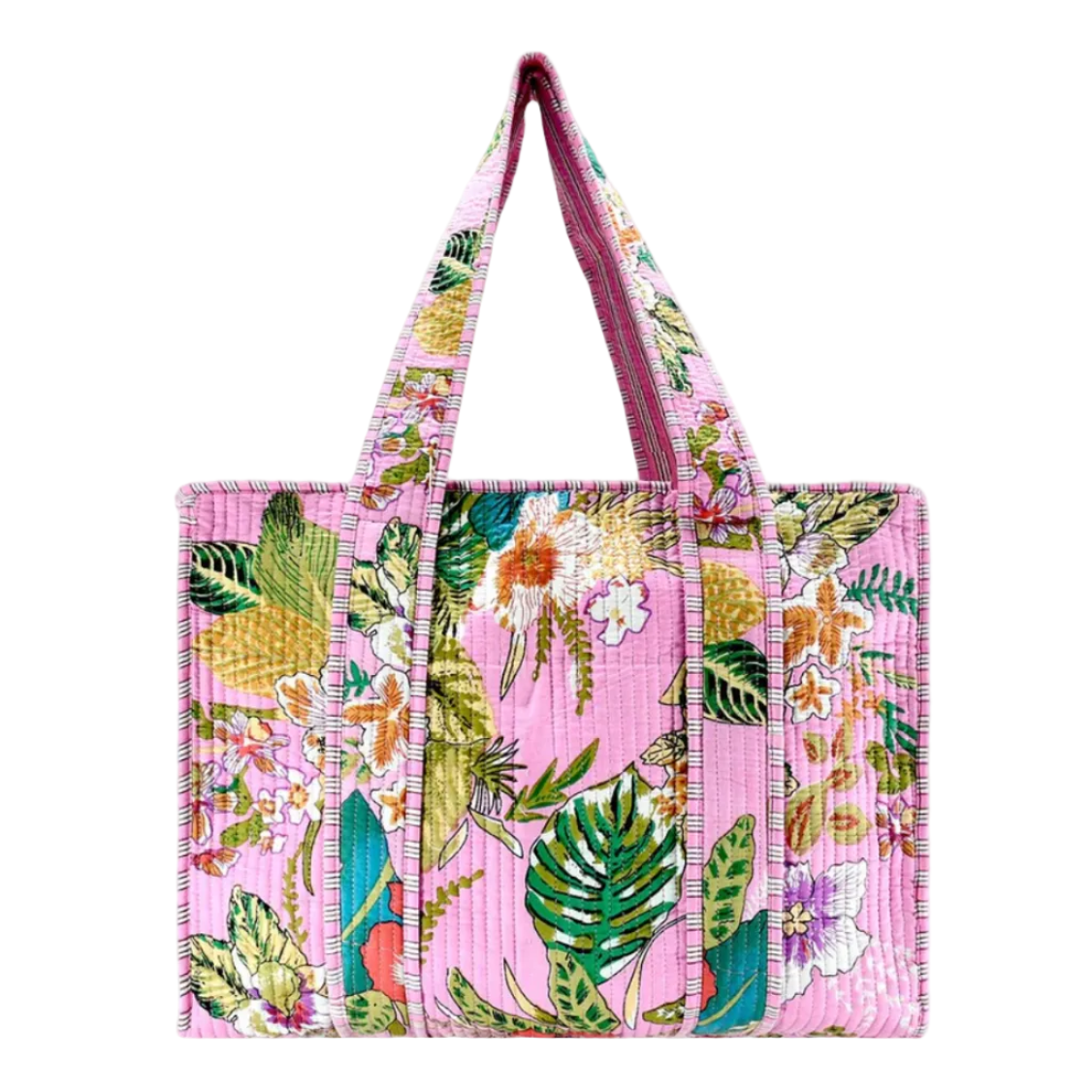 Pink Cotton Floral Block Print Tote