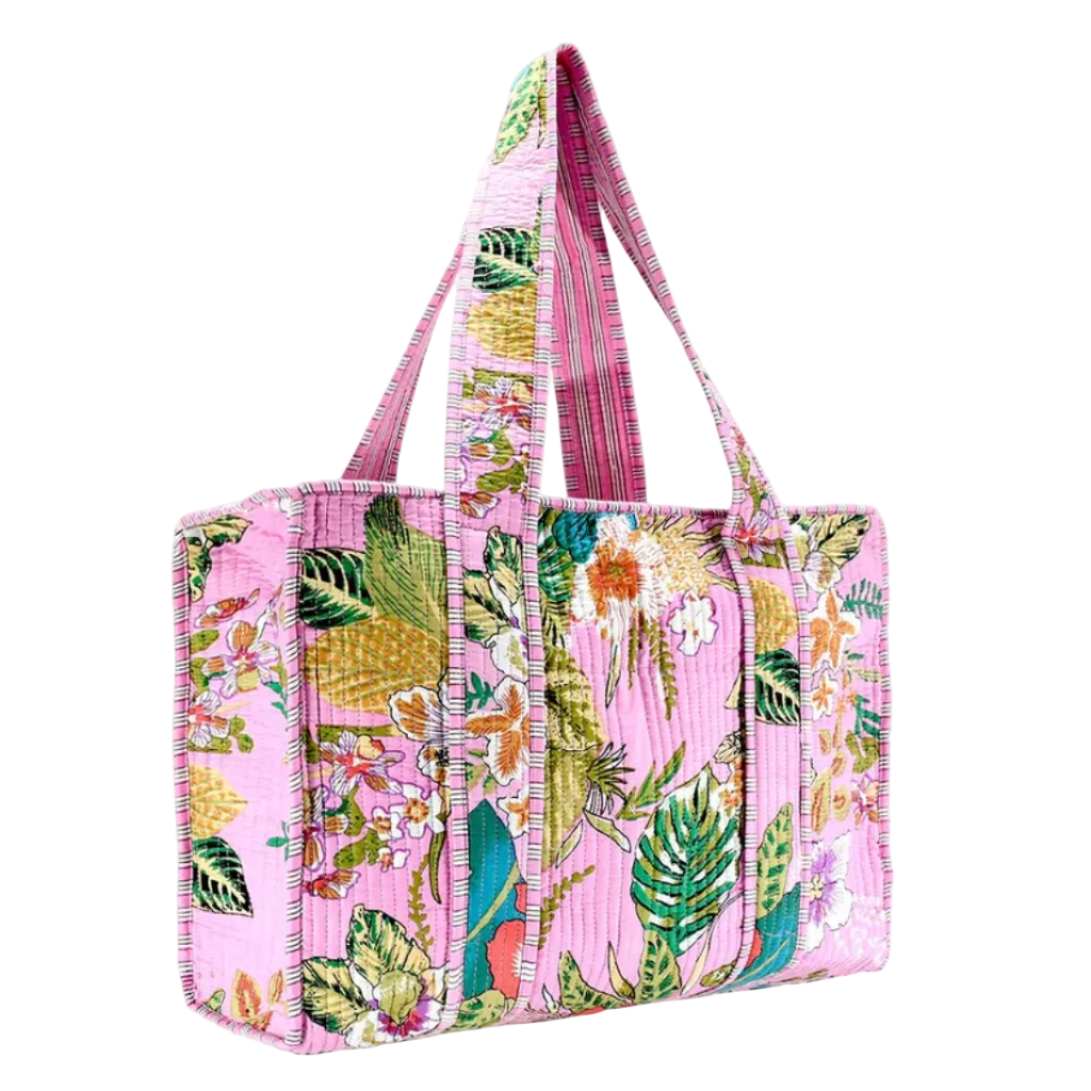 Pink Cotton Floral Block Print Tote