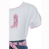 White t-shirt with pink cowboy boot design on a white background