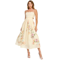 Linen Flower Print Scallop Edge Mide Dress