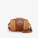 Brown leather crossbody bag with decorative elements on a white background