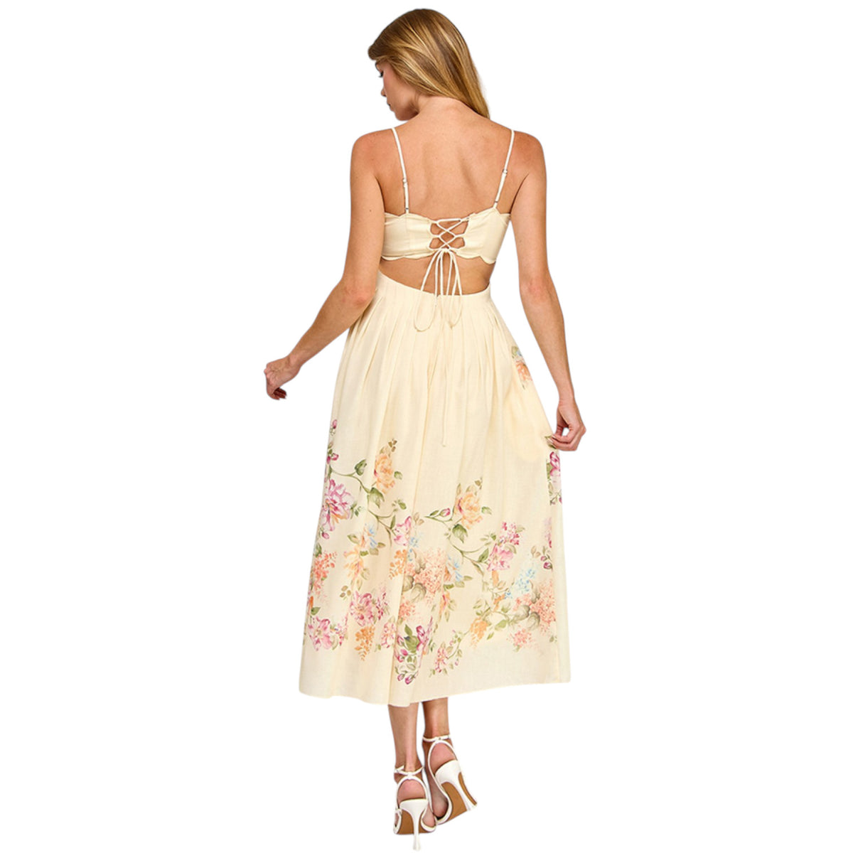 Linen Flower Print Scallop Edge Mide Dress