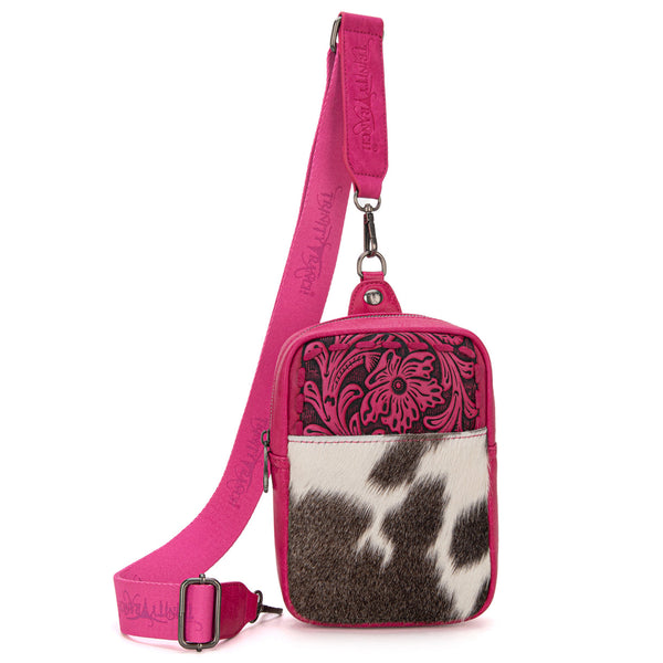 Trinity Ranch Genuine Hair-On Cowhide Tooled Sling Bag