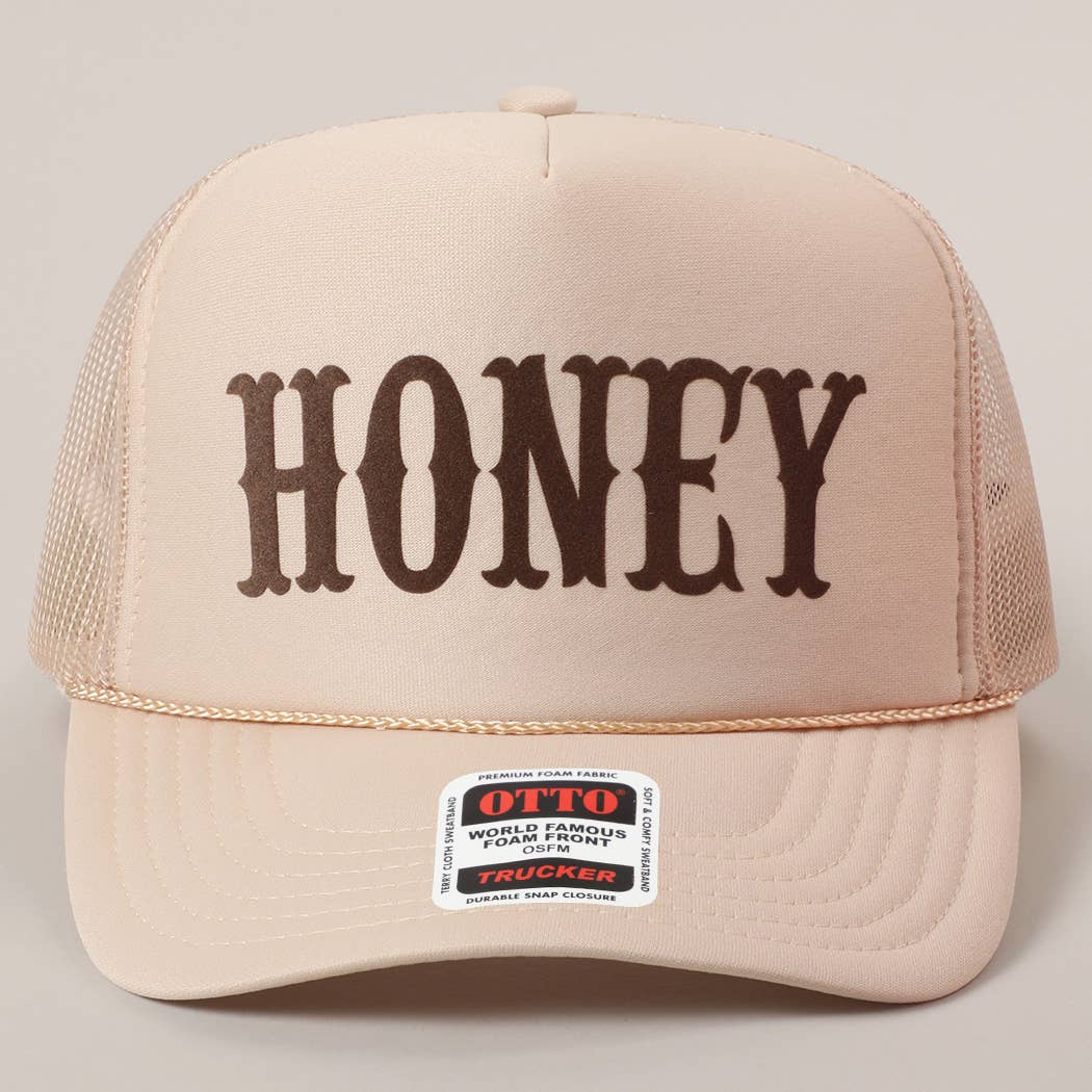 HONEY Text Logo Printed Mesh Back Trucker Hat: TAN / ONE SIZE