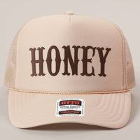 HONEY Text Logo Printed Mesh Back Trucker Hat: TAN / ONE SIZE